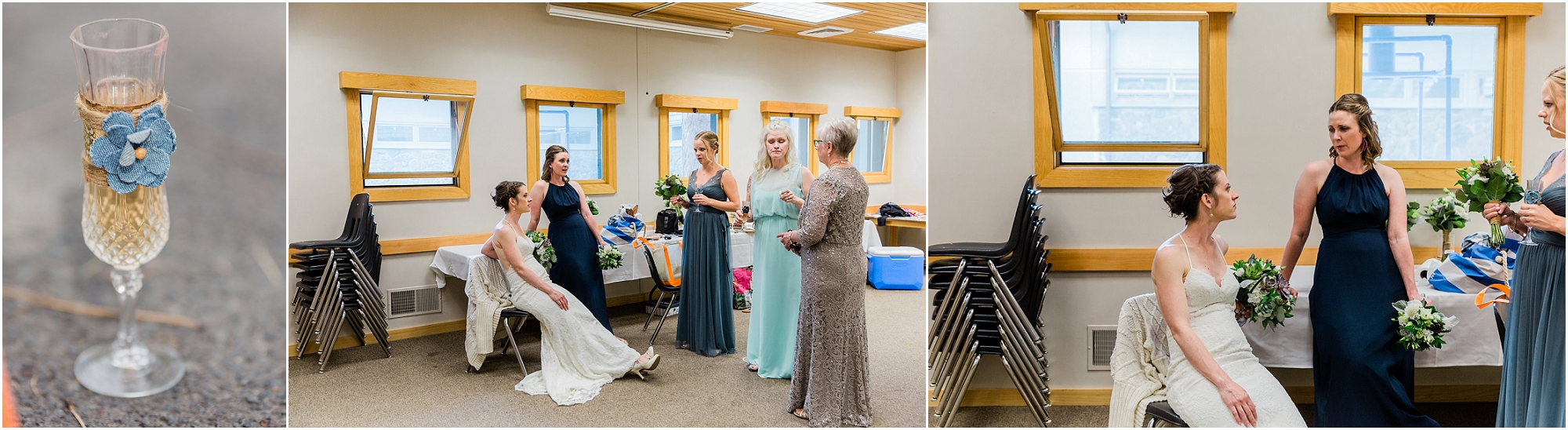 The bride relaxes with her mom and bridesmaids in the classroom serving as her getting ready room at Bend Oregon's wedding venue The High Desert Museum. | Erica Swantek Photography