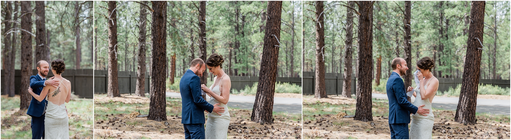 The moment you see your bride for the first look among the pines at the High Desert Museum in Bend, OR. | Erica Swantek Photography