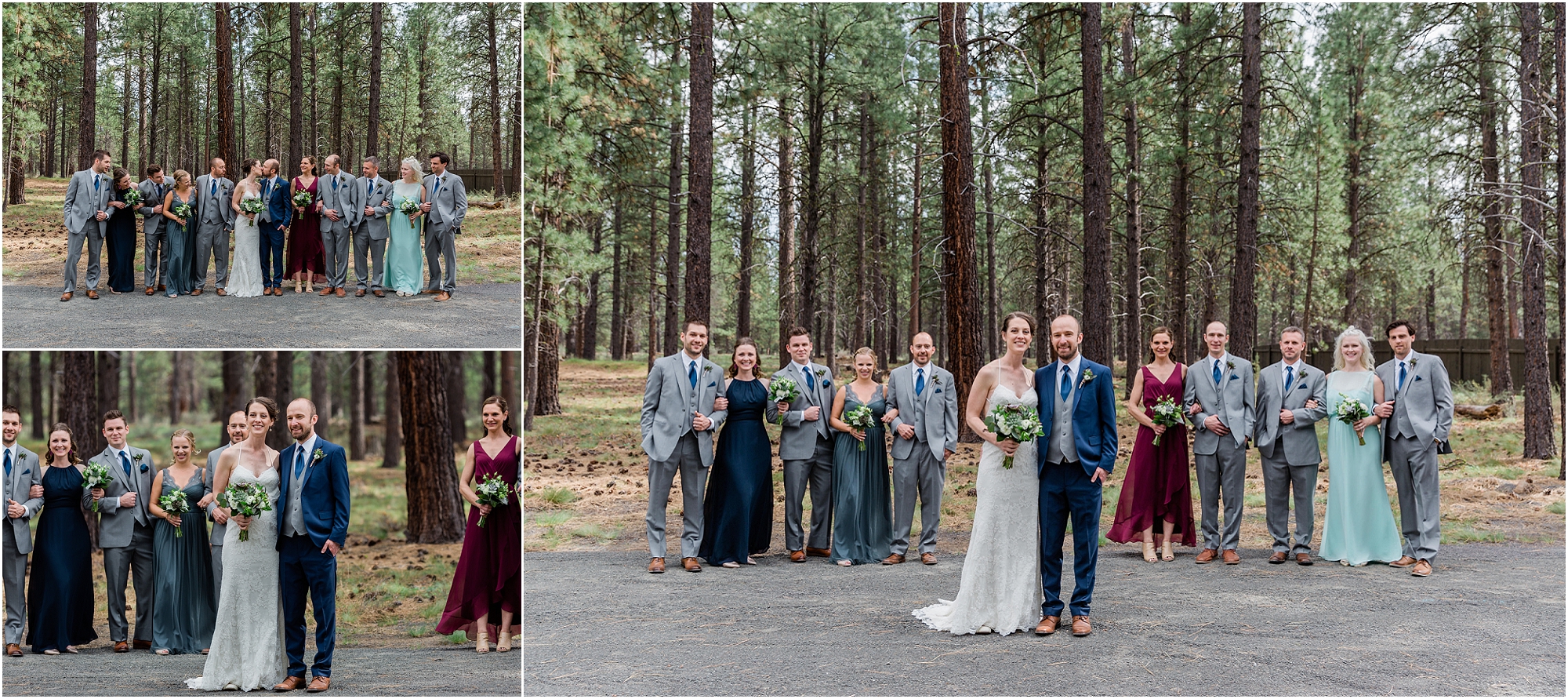 Formal wedding party portraits with the bride and groom outside among the tall pine trees surrounding the High Desert Museum wedding venue in Central Oregon. | Erica Swantek Photography
