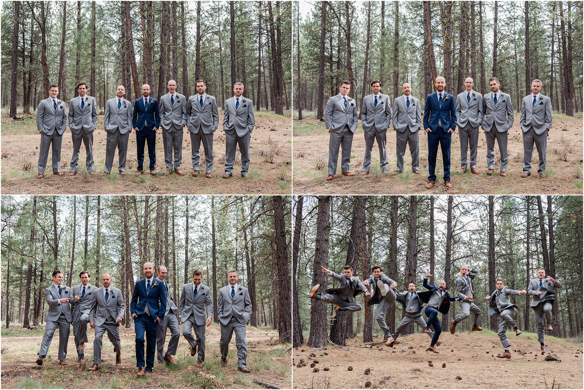 The groomsmen all wore gray suits with navy ties to accompany the groom's navy suite at this outdoor wedding in Bend, OR. | Erica Swantek Photography