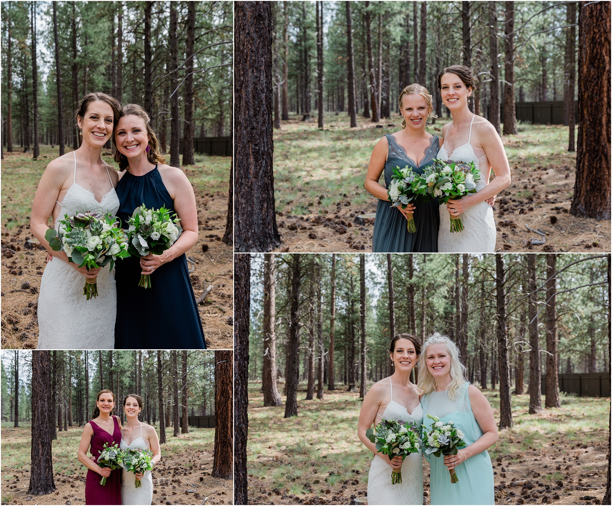 The bridesmaids all wore gowns of their choosing with one in navy, one in mint, one in a dusty blue and one in cranberry. All of their bouquets were created with succulents. | Erica Swantek Photography
