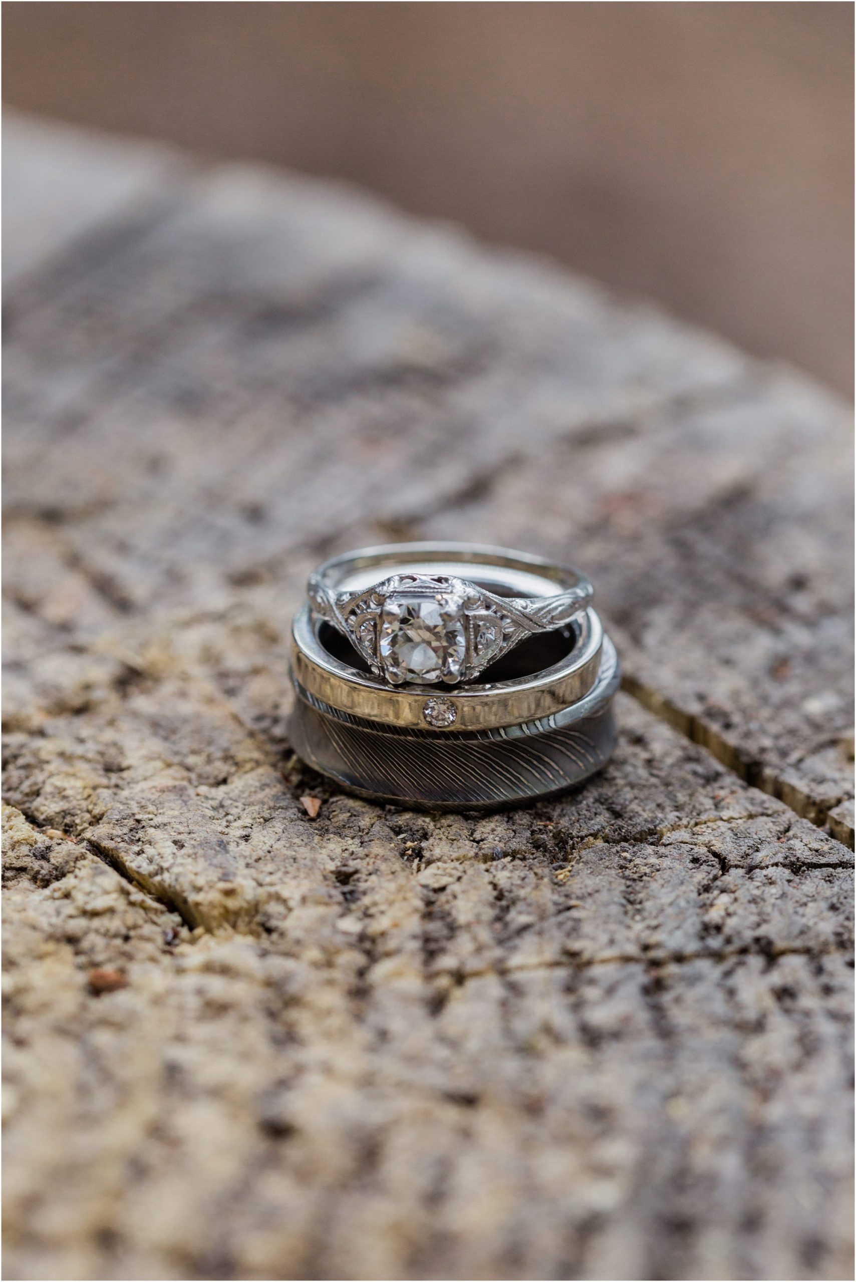A unique deer antler and titanium wedding band for the groom and an antique family heirloom engagement ring for the bride. | Erica Swantek Photography