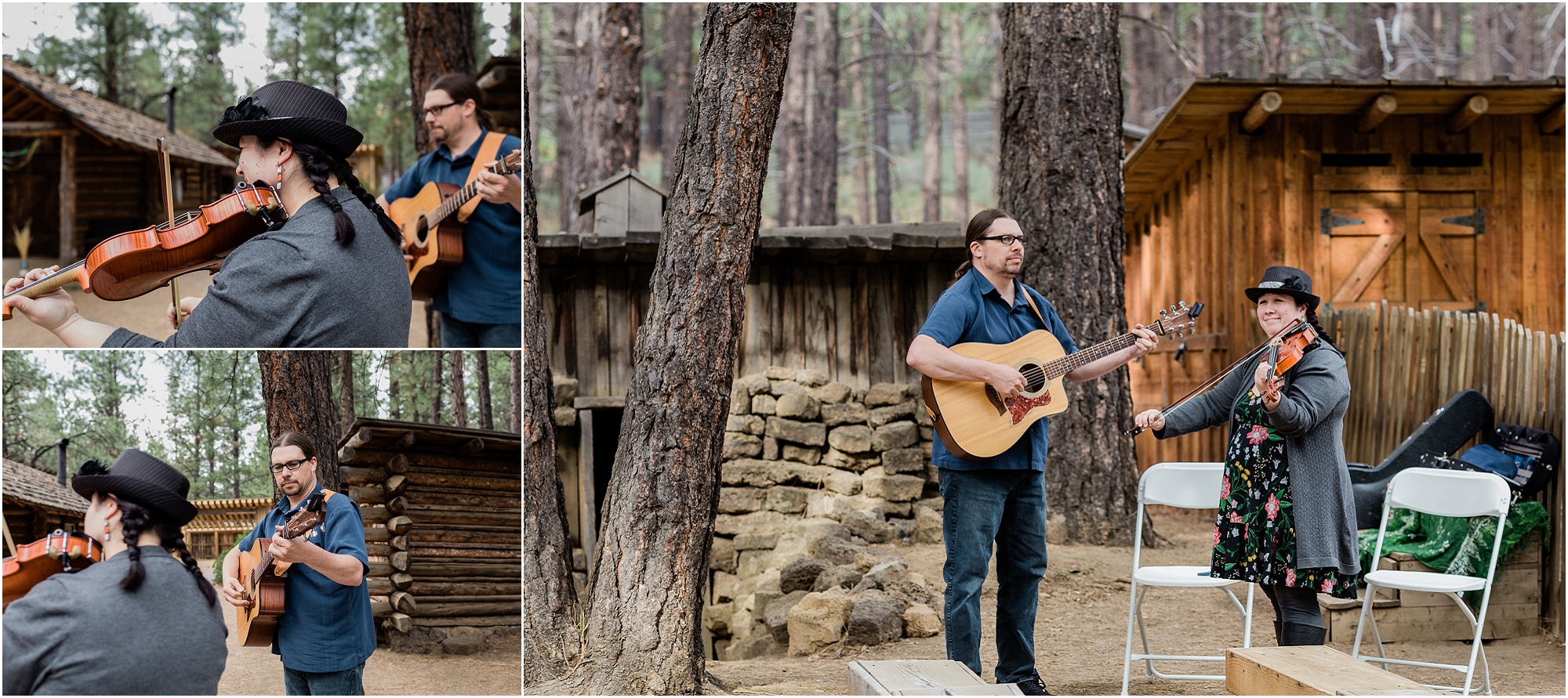 Bend, Oregon's bluegrass band Moon Mountain Ramblers plays for the ceremony of this High Desert Museum homestead wedding. | Erica Swantek Photography