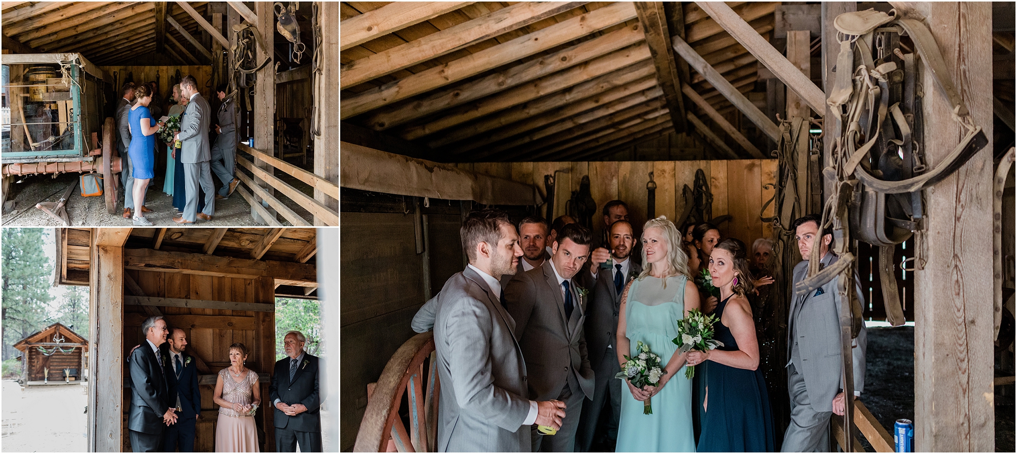 The wedding party is all hidden away inside the rustic horse stables of the Miller Family Ranch at the High Desert Museum in Bend, OR before the ceremony begins. | Erica Swantek Photography