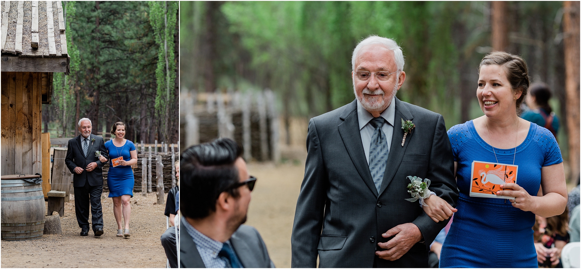 The wedding processional begins with the grandfather and the officiant, a family member, walk down the aisle to the rustic cabin alter at this museum wedding venue in Bend, OR. | Erica Swantek Photography