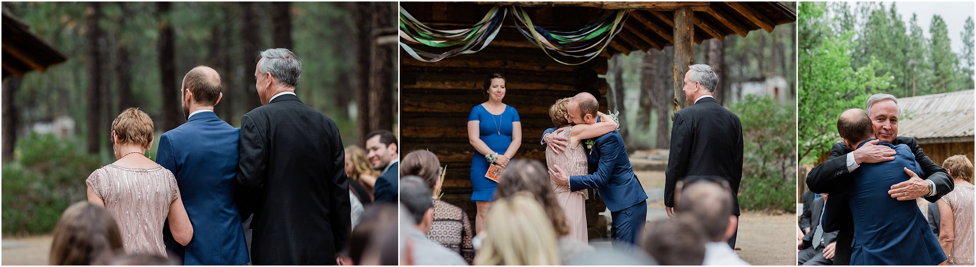 The groom hugs his parents before his rustic cabin wedding ceremony at the High Desert Museum homestead in Bend, OR. | Erica Swantek Photography
