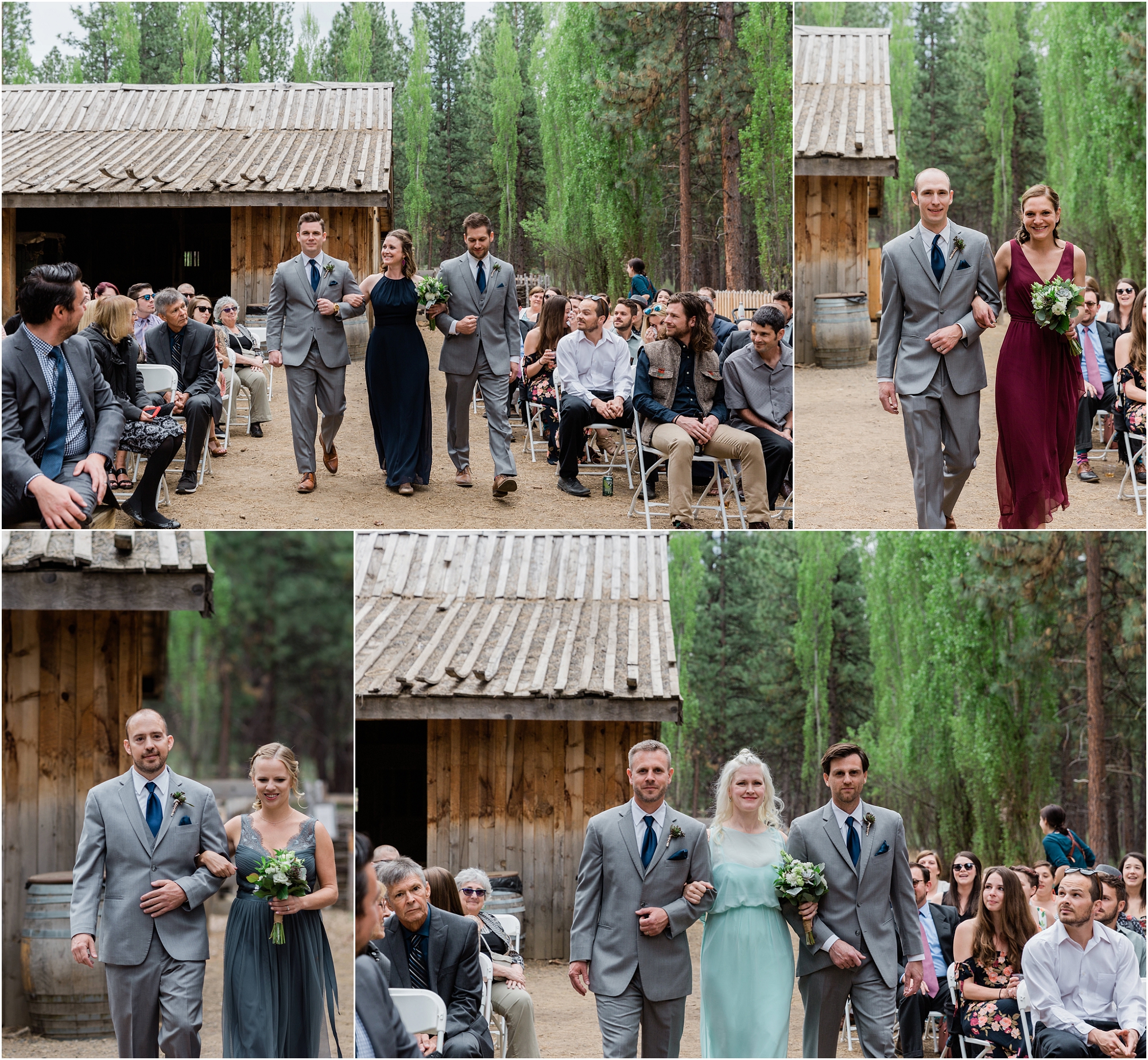 The wedding party, with the groomsmen wearing grey suits with cobalt blue ties, and the bridesmaids in navy, mint, cranberry and dusty blue, walk down the rustic dirt aisle towards the cabin serving as an alter at this outdoor wedding venue in Bend, OR. | Erica Swantek Photography