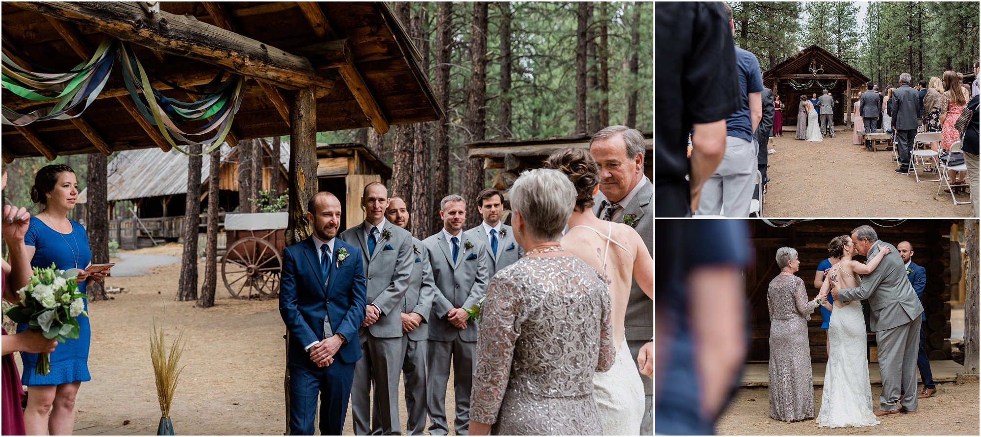 The bride hugs her parents and the groom shakes her father's hand, as he gets ready to marry his beautiful bride at this High Desert Museum homestead wedding in Bend, OR. | Erica Swantek Photography
