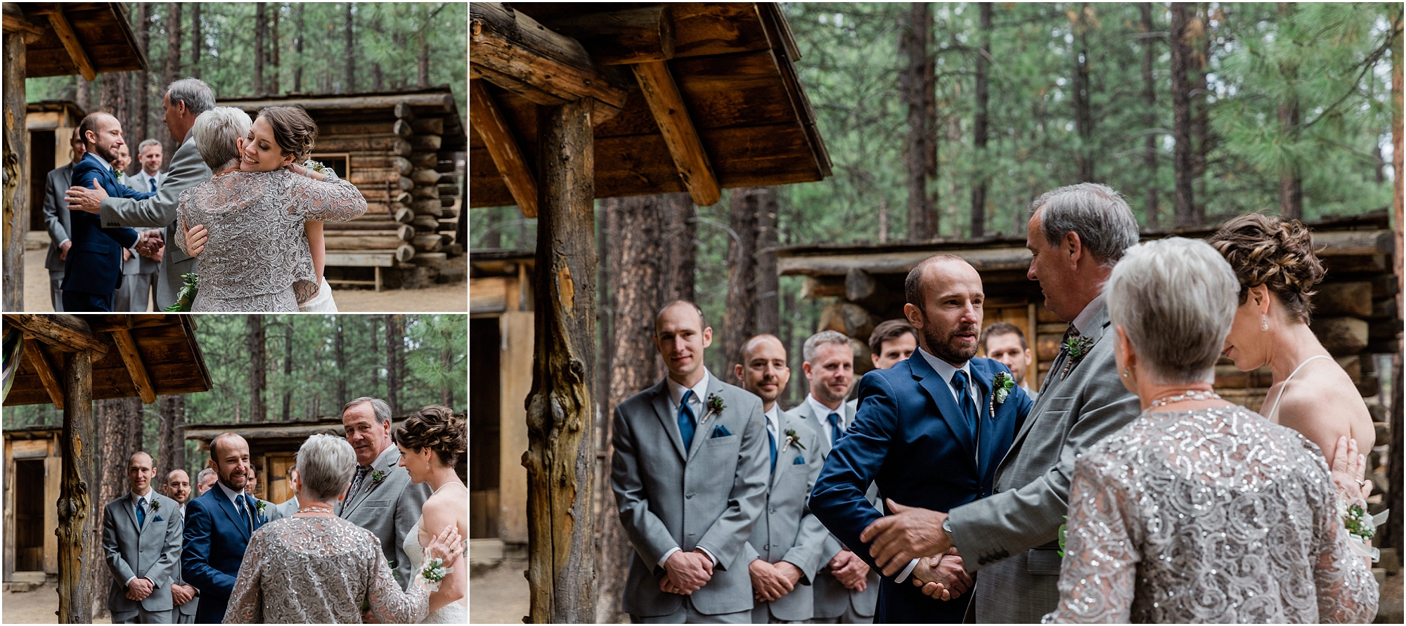 The bride hugs her parents and the groom shakes her father's hand, as he gets ready to marry his beautiful bride at this High Desert Museum homestead wedding in Bend, OR. | Erica Swantek Photography