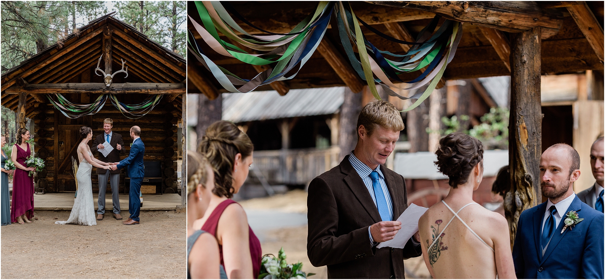 A friend offers a reading at the gorgeous rustic cabin wedding location in Bend, OR. | Erica Swantek Photography
