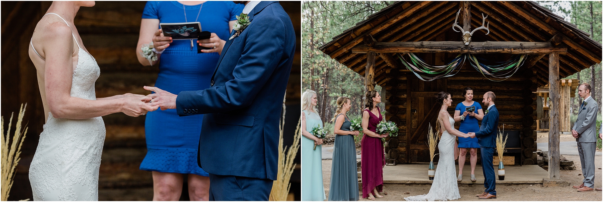 The bride places the groom's titanium band on his finger as she says her vows at the High Desert Museum homestead wedding. | Erica Swantek Photography