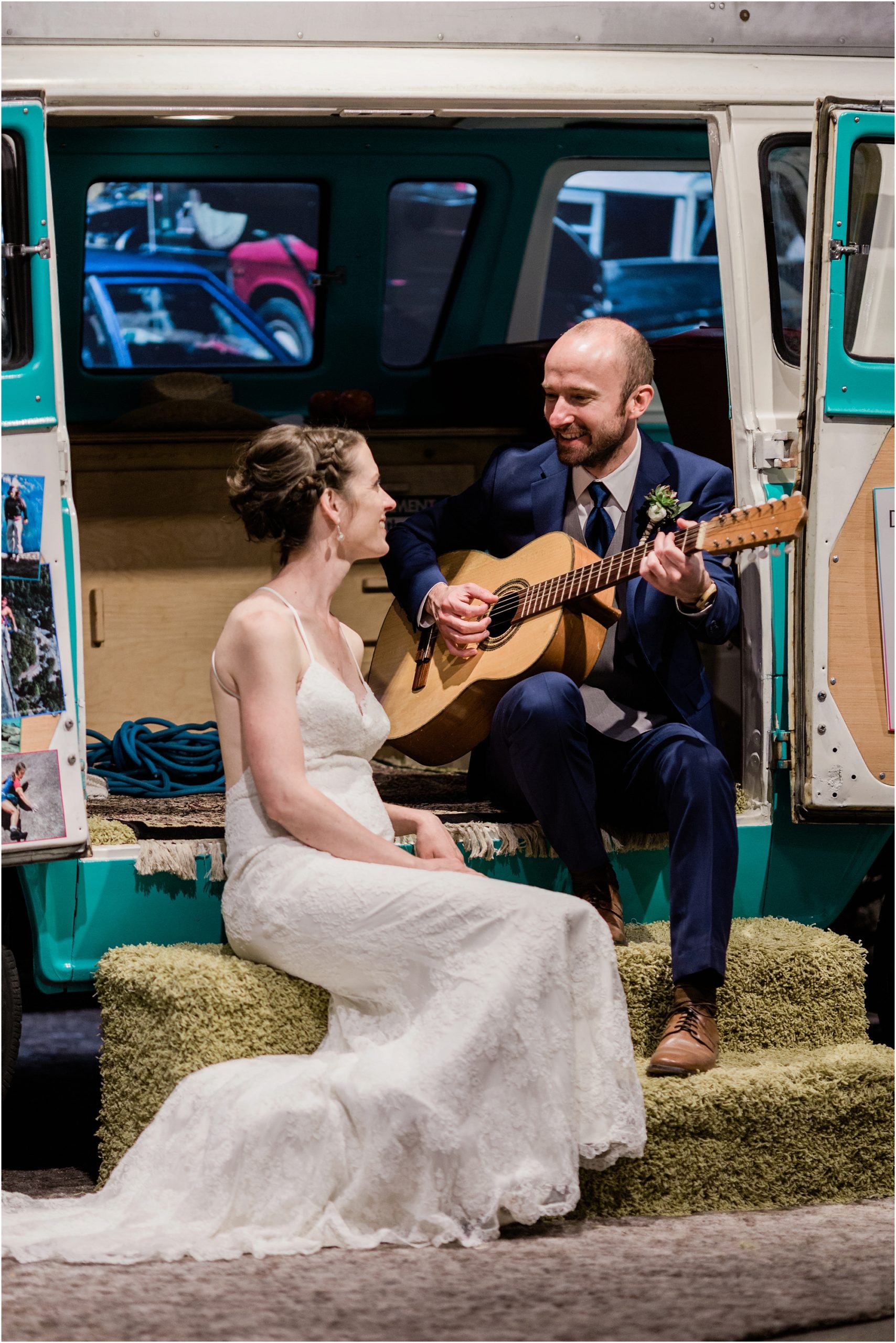 A vintage VW bus with the groom playing guitar is such a neat prop for any rustic wedding in Bend, OR. | Erica Swantek Photography