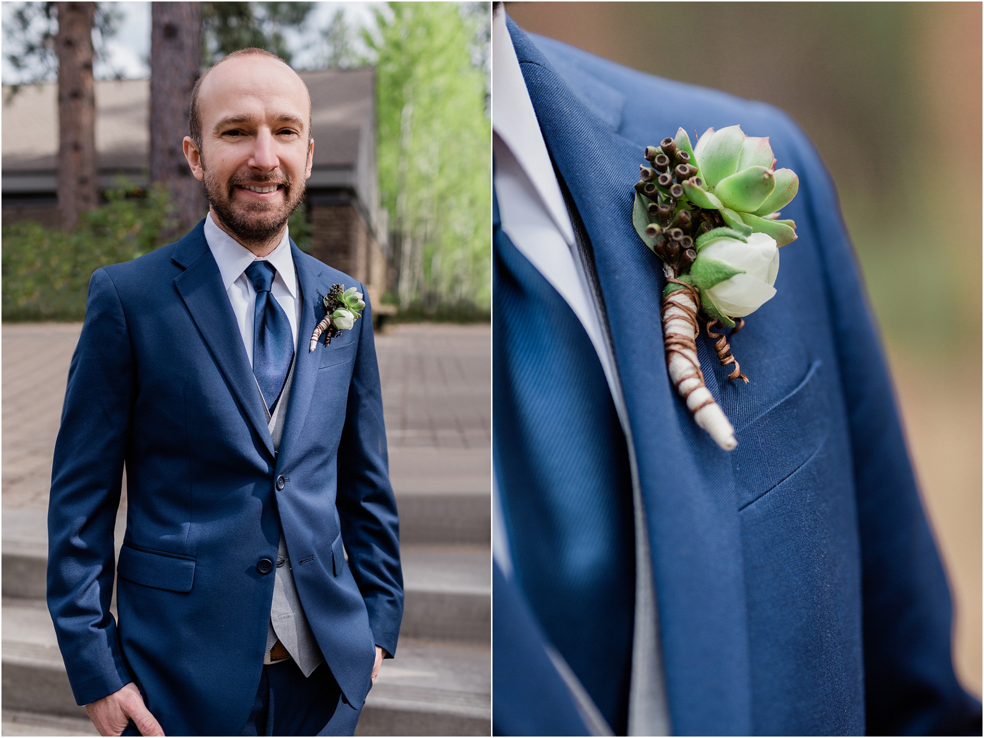 Such a handsome groom in his blue suit with succulent boutonniere at his Bend, OR wedding. | Erica Swantek Photography