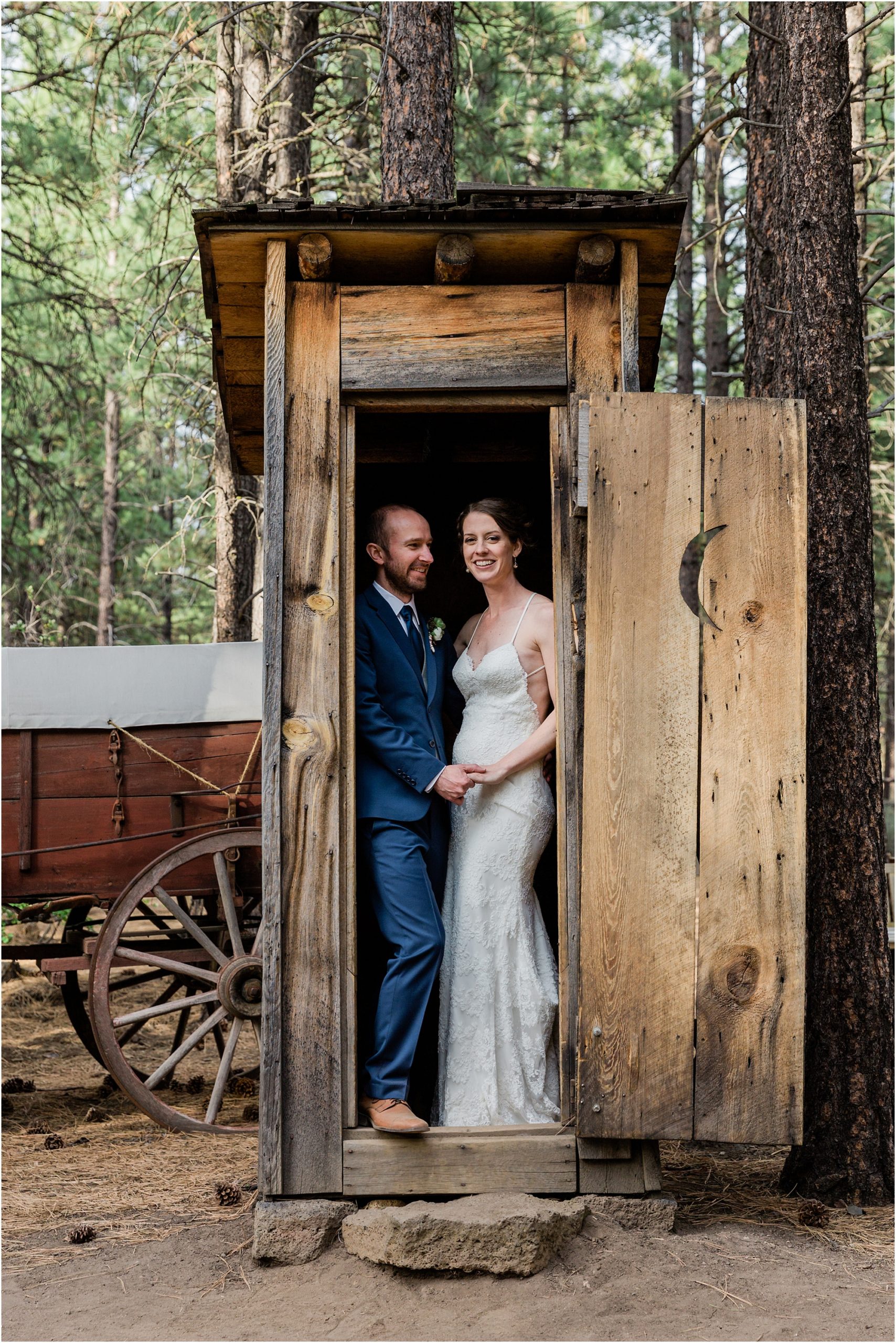 When you have an old outhouse as part of an exhibit why not use it for wedding photos at the High Desert Museum in Bend, OR. | Erica Swantek Photography