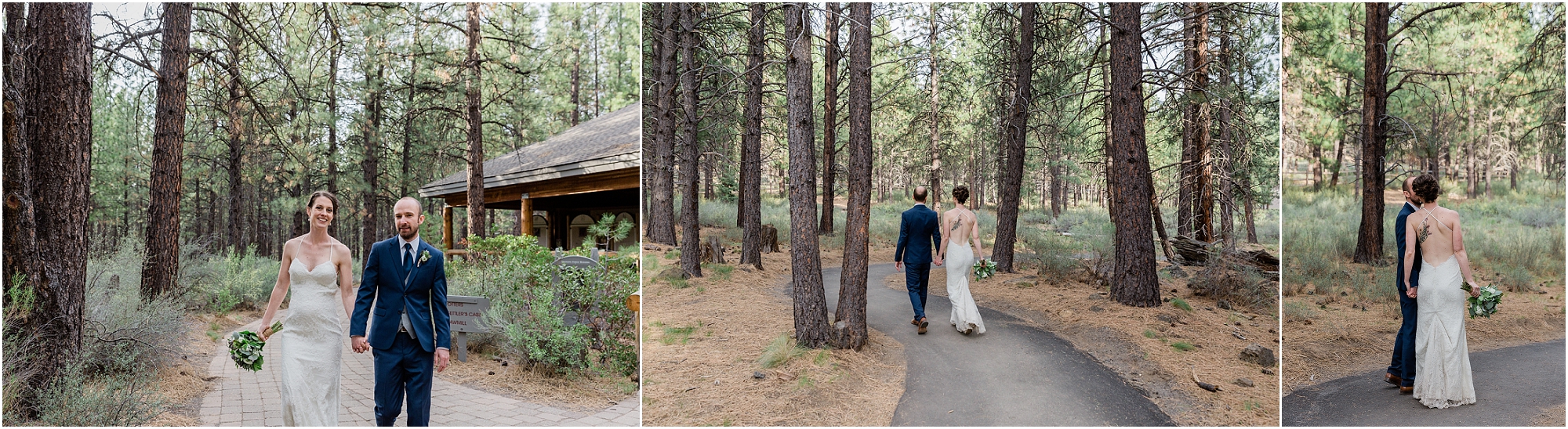 A bride and groom walks the paths together during their High Desert Museum wedding in Bend, OR. | Erica Swantek Photography
