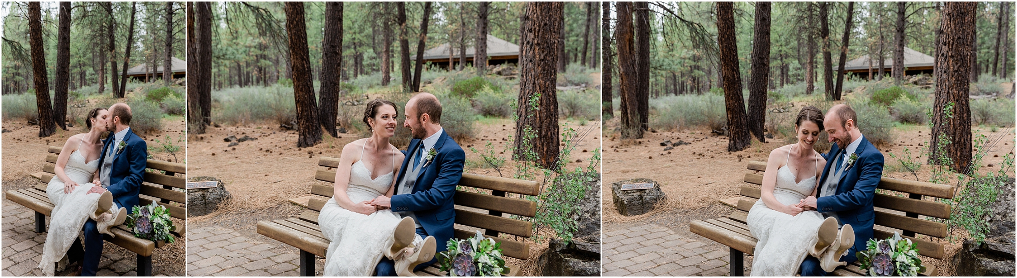 A wedding couple sits on a bench at the High Desert Museum wedding venue in Bend, OR. | Erica Swantek Photography