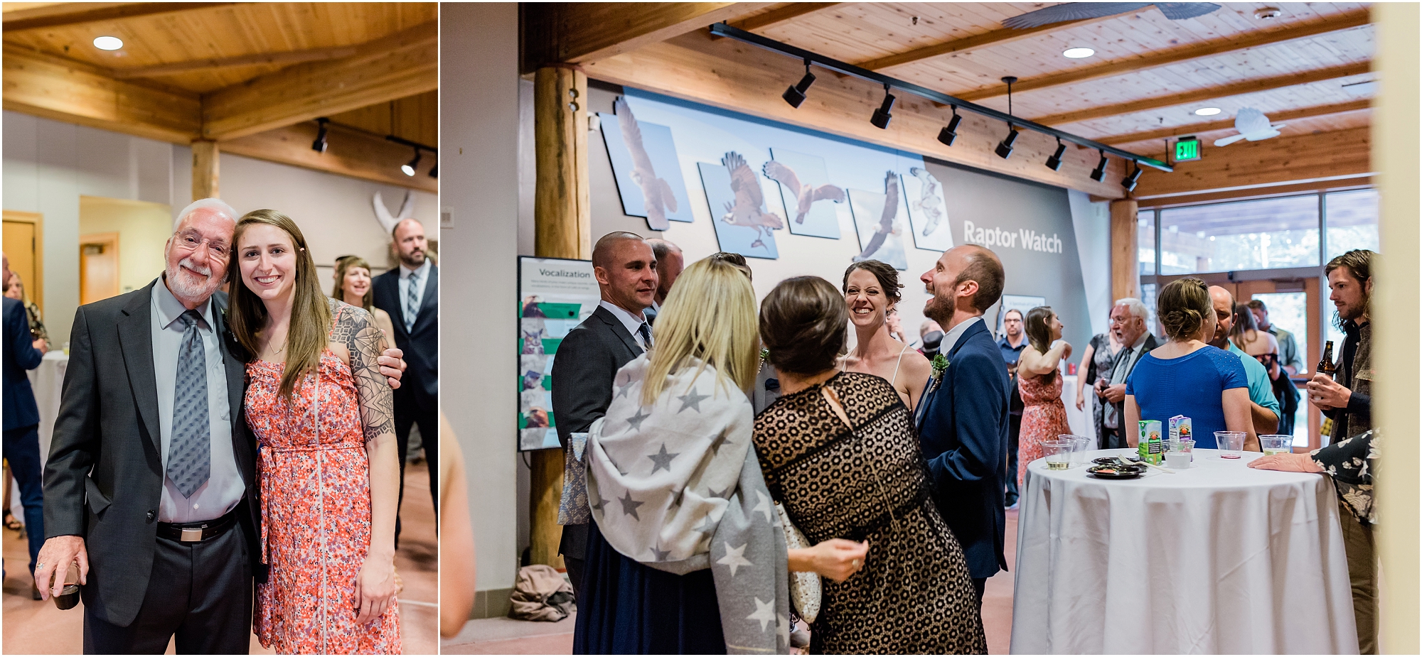 Wedding guests enjoy cocktail hour at the Birds of Prey exhibit at the High Desert Museum wedding venue in Bend, OR. | Erica Swantek Photography
