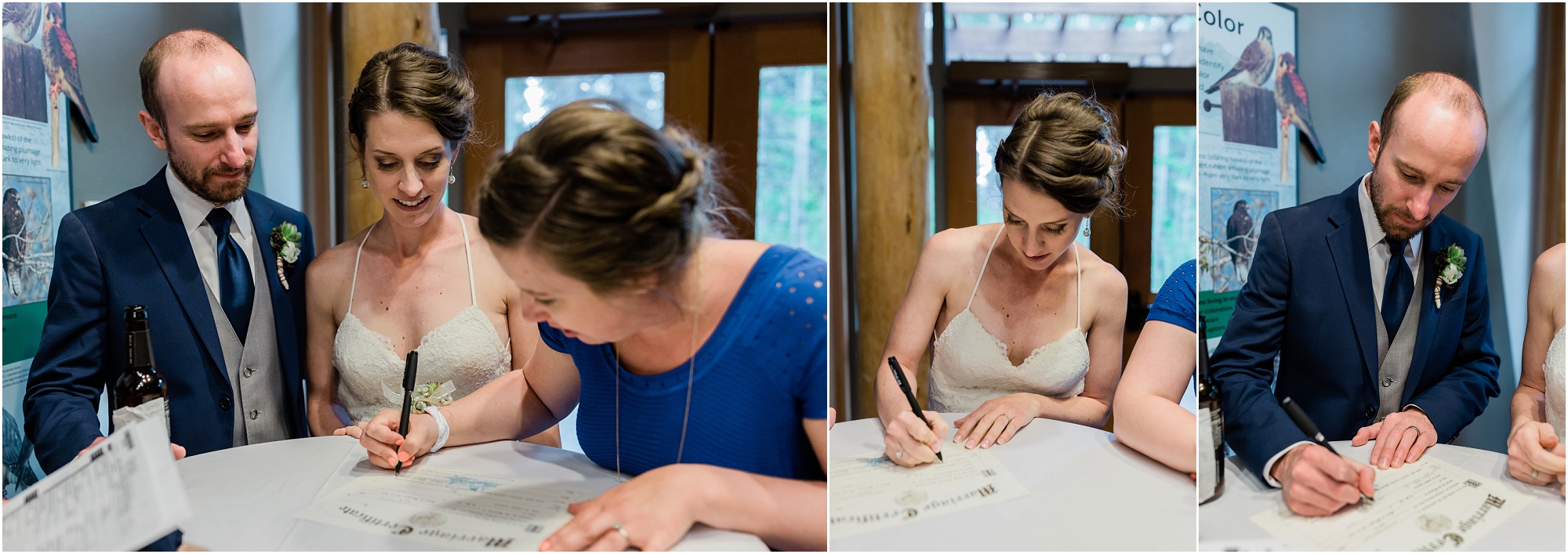 The wedding couple signs their marriage license and makes it official at their Oregon museum wedding in Bend. | Erica Swantek Photography