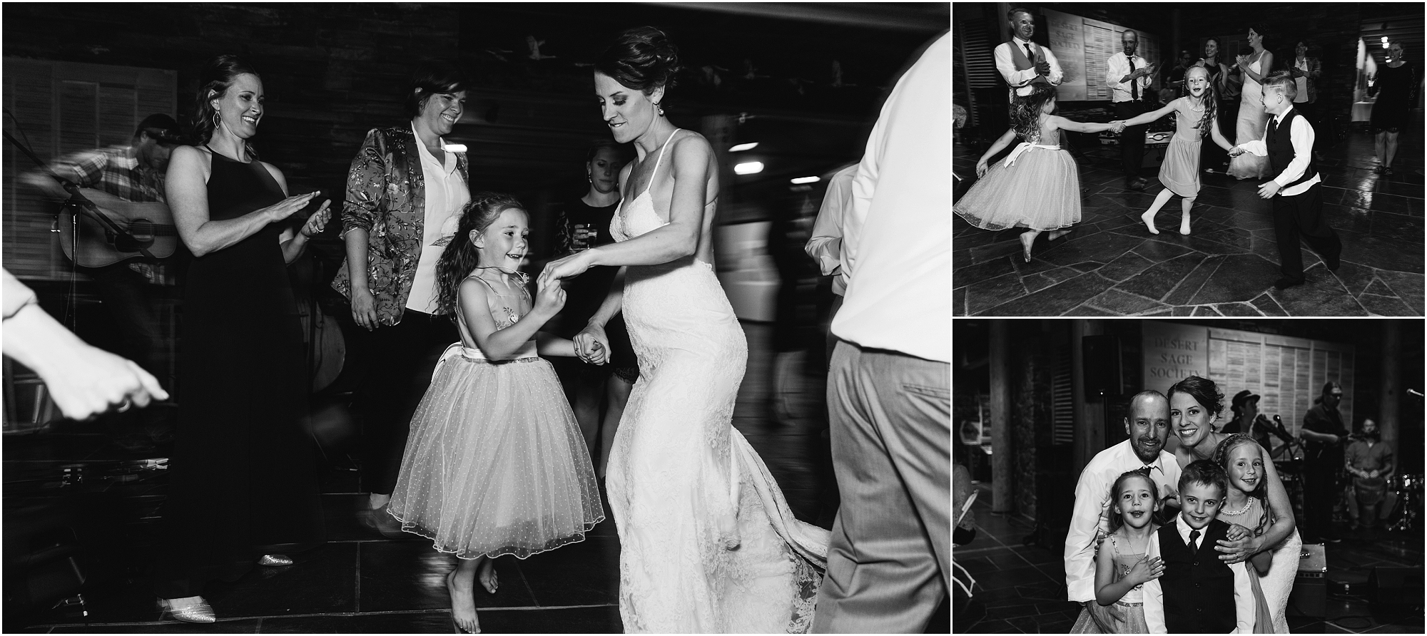 The bride and groom dance with the youngest members of the wedding party at their High Desert Museum homestead wedding in Bend, OR. | Erica Swantek Photography