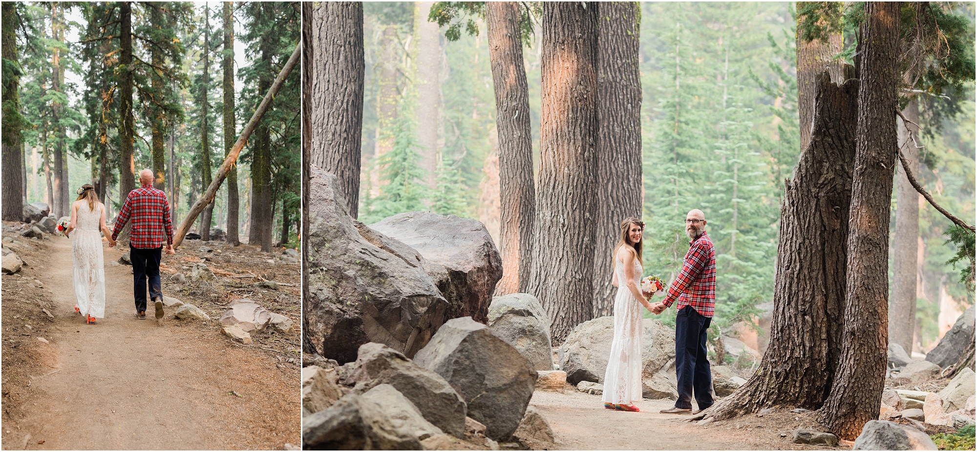 A bride and groom hike through the forest on their way to Plaikni Falls for their Crater Lake Elopement in Oregon. | Erica Swantek Photography