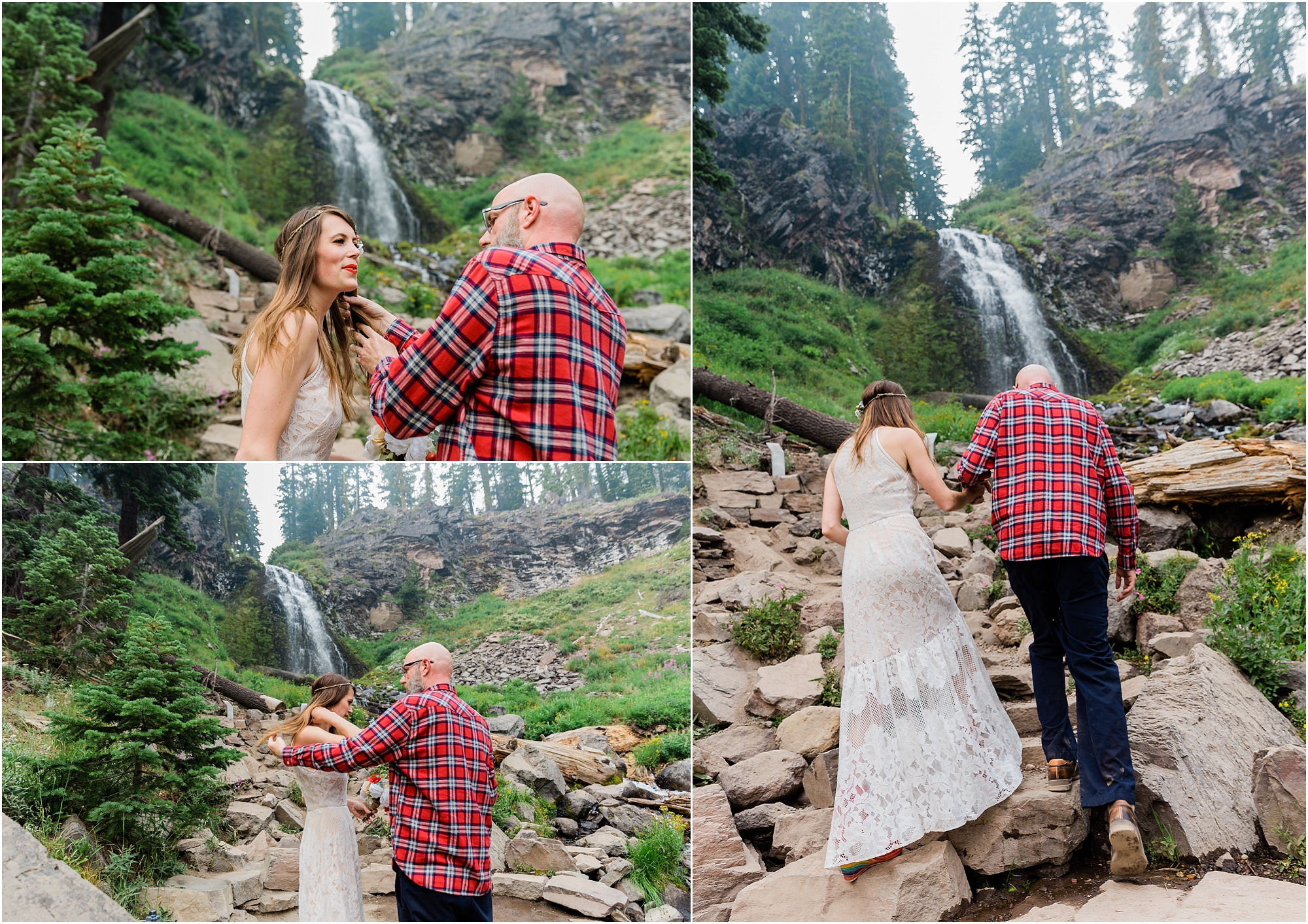 A wedding couple prepares for their ceremony at Plaikni Falls inside Crater Lake National Park in Oregon. | Erica Swantek Photography