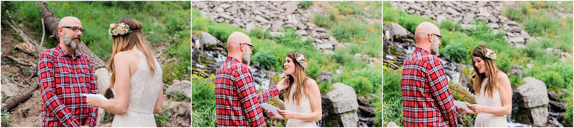 A loving groom wipes a tear from his bride's cheek as she recites her emotional vows at their Oregon elopement near Bend. | Erica Swantek Photography