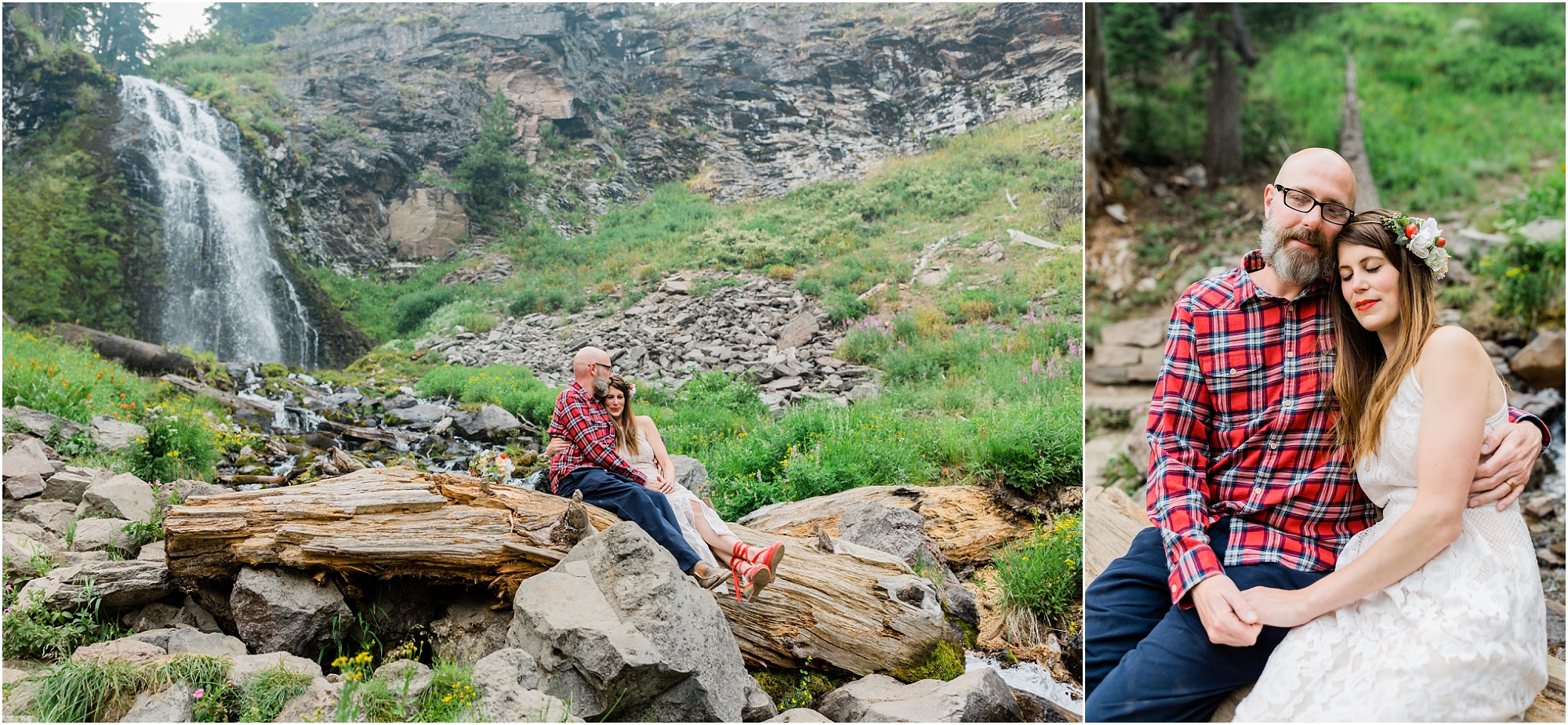 A couple sits on a large fallen tree in front of a beautiful waterfall after their Crater Lake elopement ceremony in Oregon. | Erica Swantek Photography