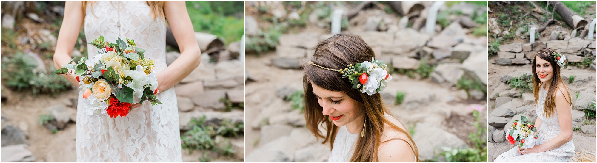 A handmade bouquet with strawberries, roses and greenery for this boho bride in Oregon. | Erica Swantek Photography