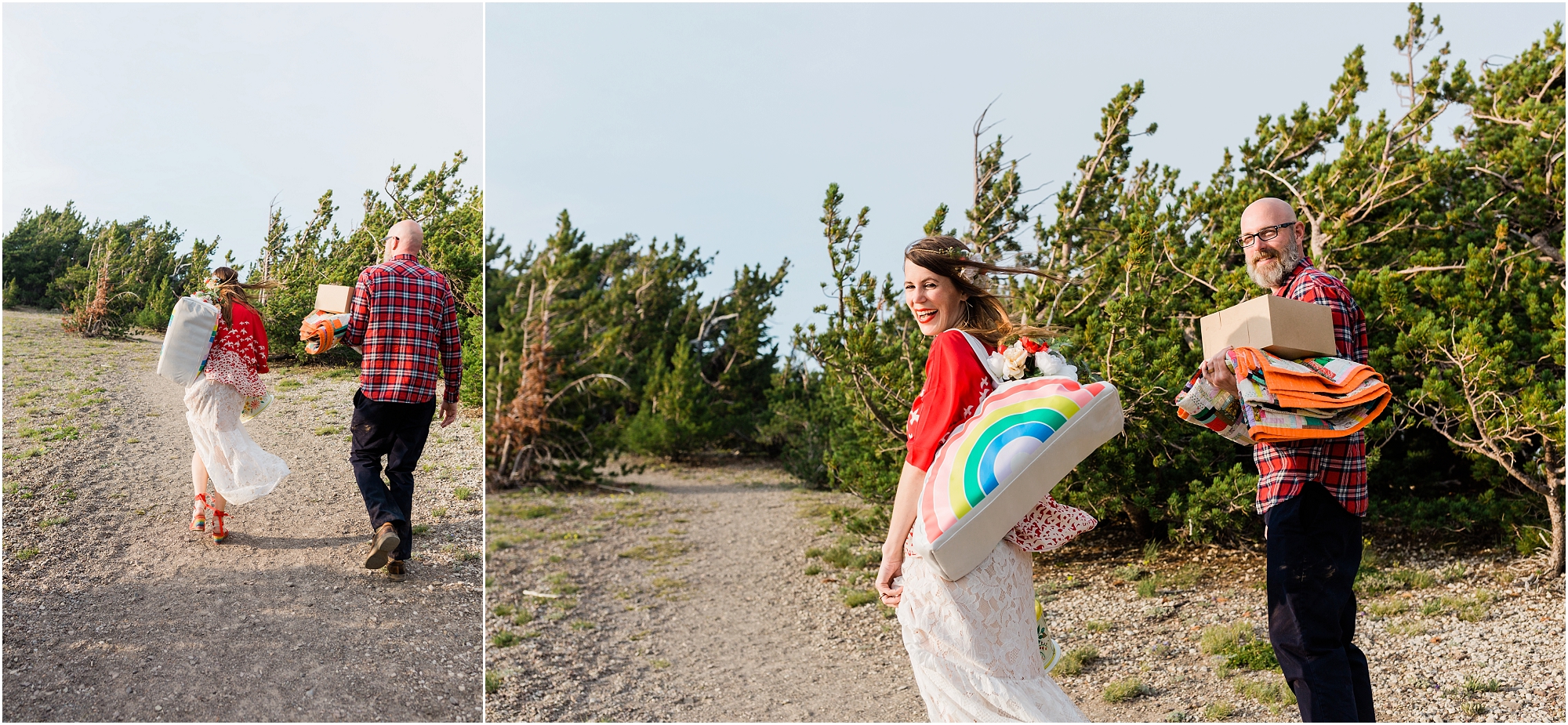 A wedding couple walks through the windswept pine trees on their way to set up a picnic celebration of champagne, cake and strawberries after their intimate ceremony in Crater Lake National Park in Oregon. | Erica Swantek Photography