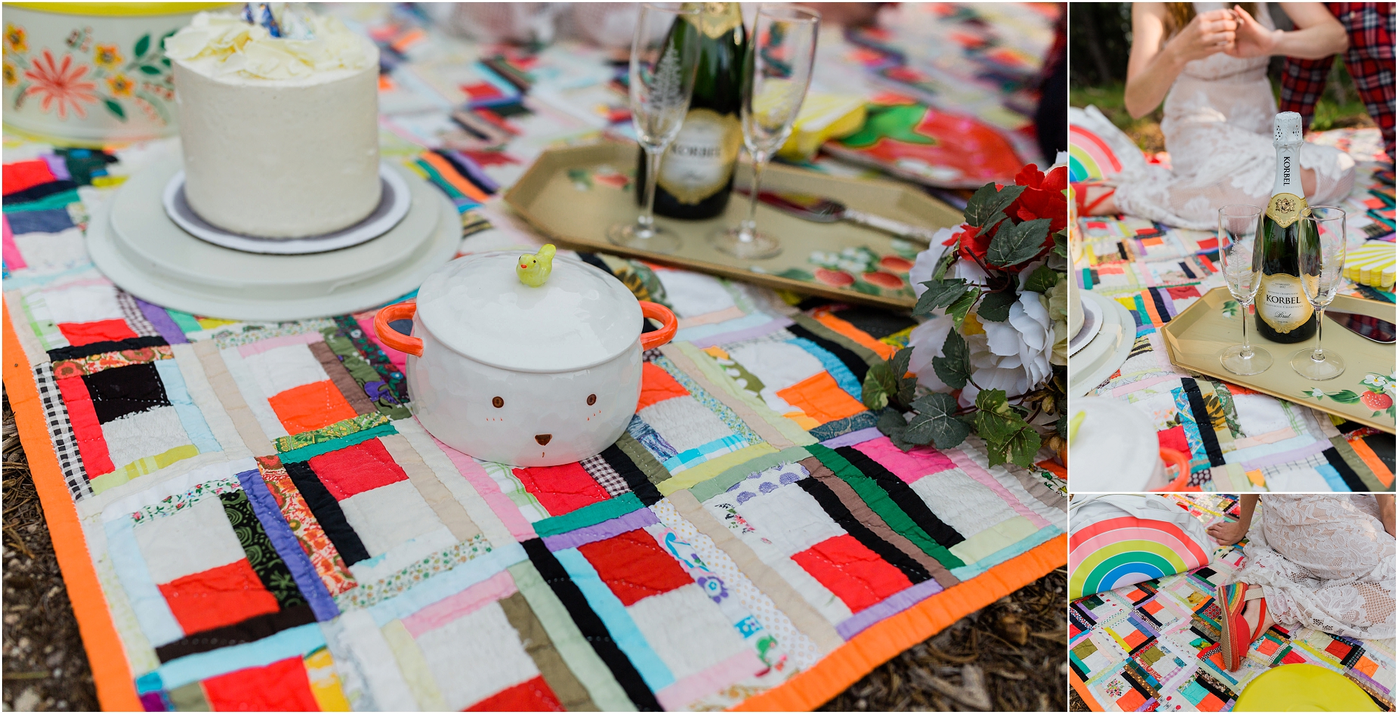 An heirloom patchwork quilt, with oranges, reds, blues, and all colors of the rainbow, is used to create a cozy place for this eclectic wedding couple to spread out their celebratory cake and champagne at their Crater Lake elopement in Oregon. | Erica Swantek Photography