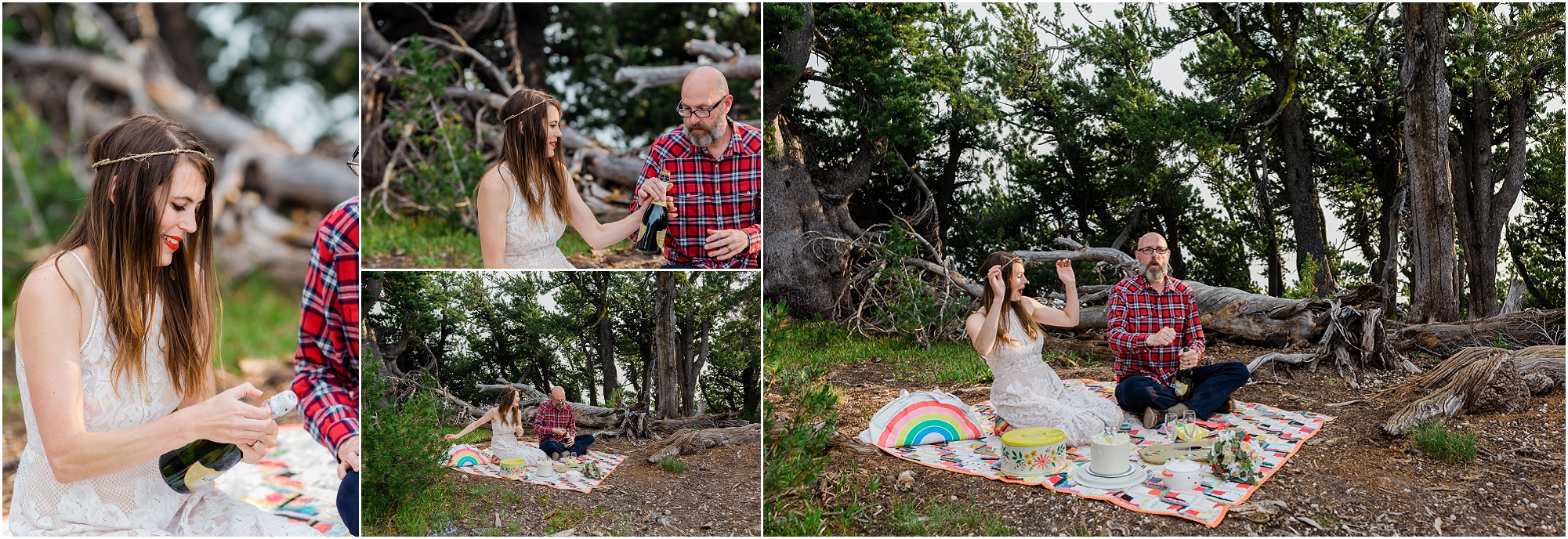 An eclectic Indie bride and groom pop the champagne to celebrate their Crater Lake elopement in Oregon on a beautiful summer day. | Erica Swantek Photography