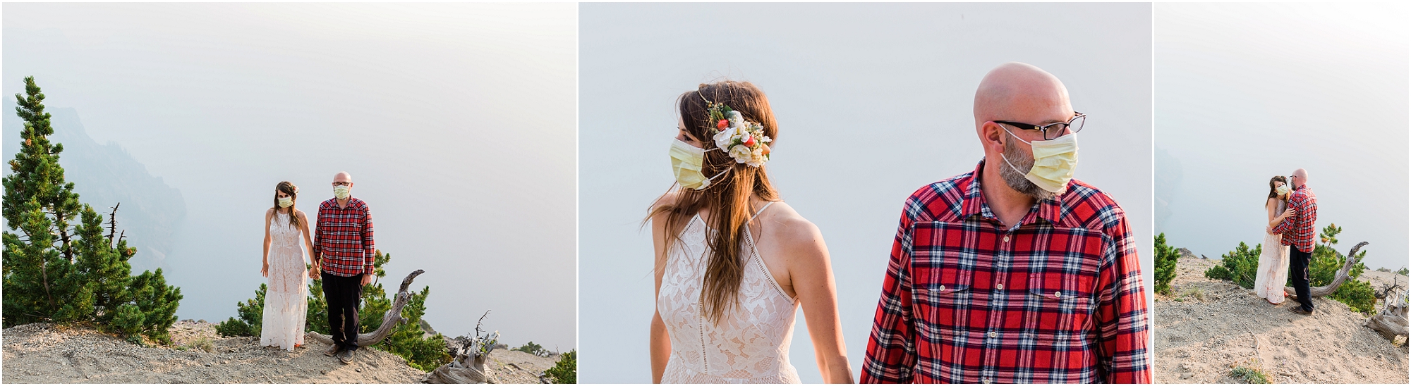 Intense wildfire smoke socks in Crater Lake as a wedding couple dons face masks to make a powerful statement about climate change. | Erica Swantek Photography