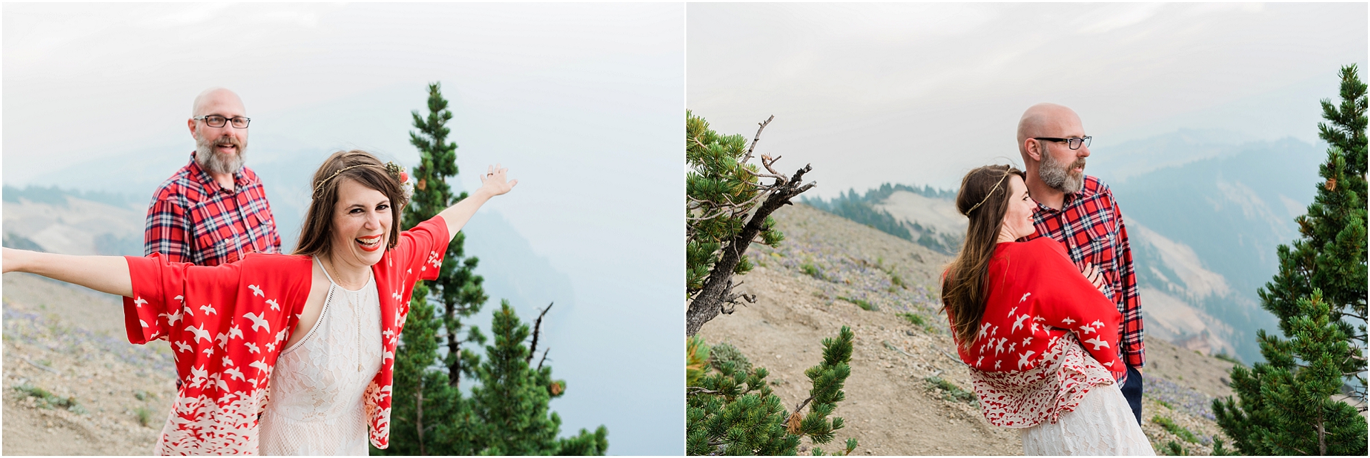 A bride pretends to fly as she's on top of the Cloud Cap Overlook after her amazing, intimate Crater Lake elopement in Oregon! | Erica Swantek Photography