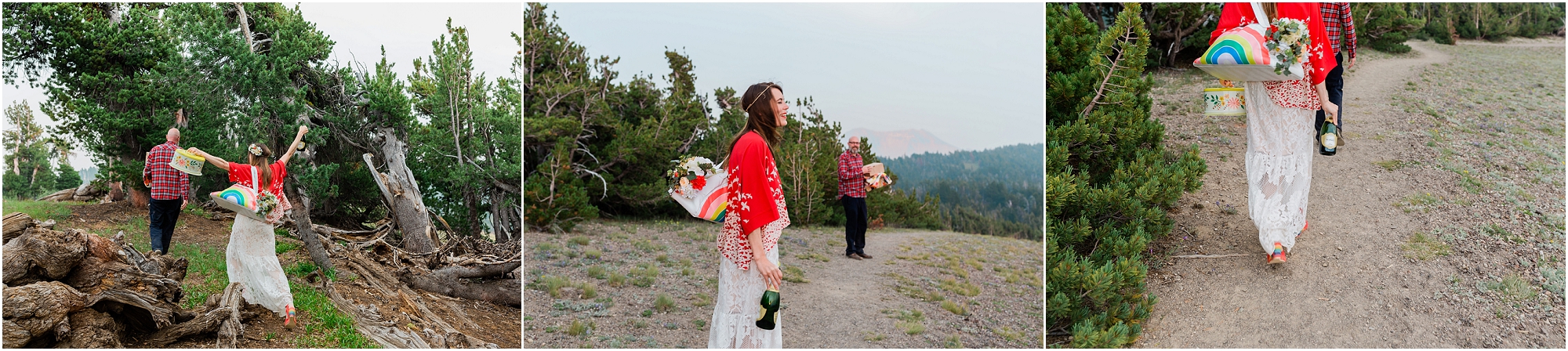 The bride takes one last look at Crater Lake before she heads down the trail back to their car after eloping in the national park in Oregon. | Erica Swantek Photography