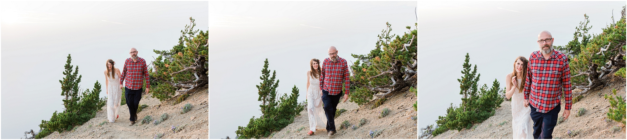 Smoke obscures Crater Lake as this bride and groom walk along the hiking trail at Cloud Cap Overlook after eloping. | Erica Swantek Photography