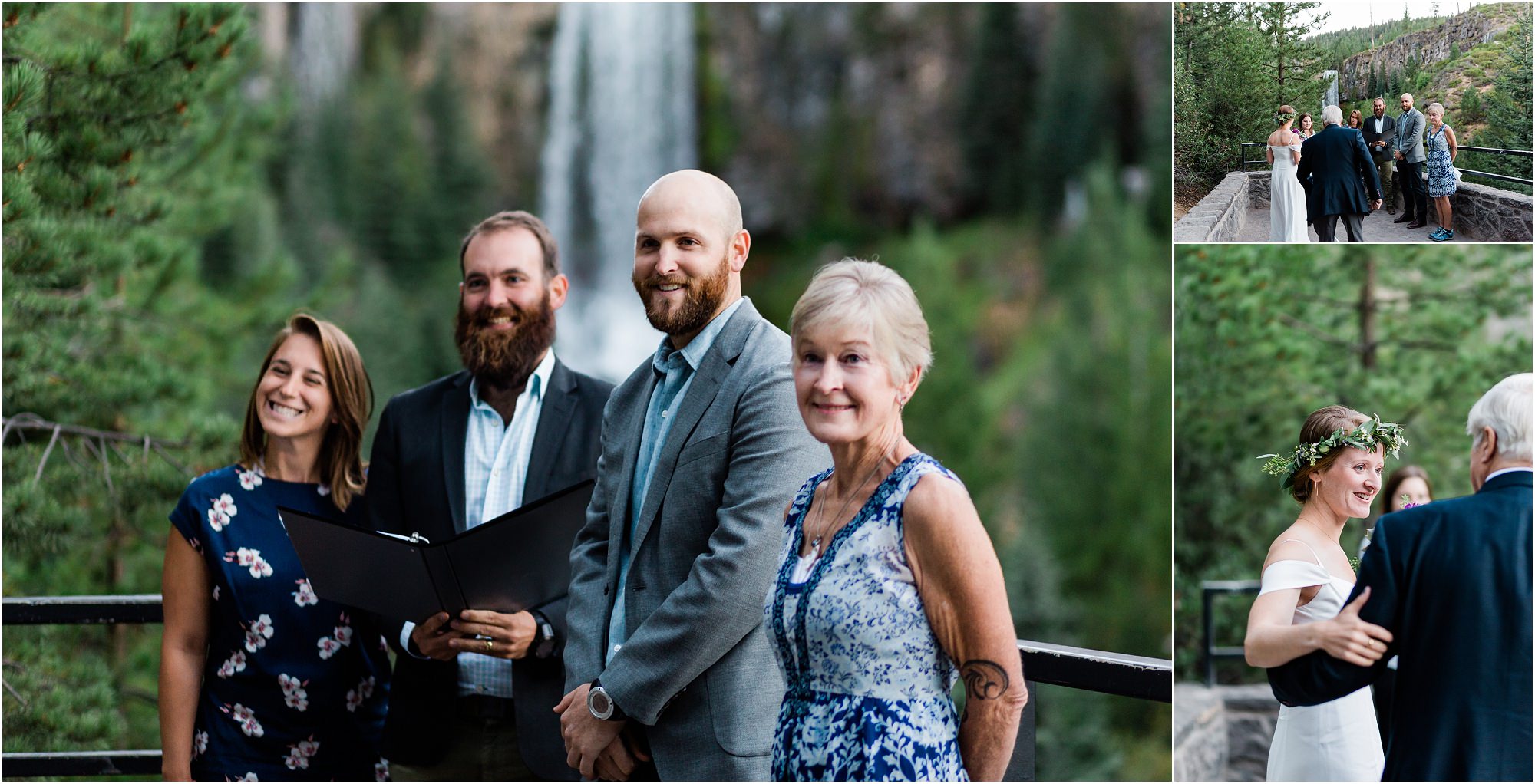 A smiling groom and a small gathering of guests watch as the bride's dad escorts her down the aisle towards the ceremony with a view of a cascading waterfall in Bend, Oregon. | Erica Swantek Photography