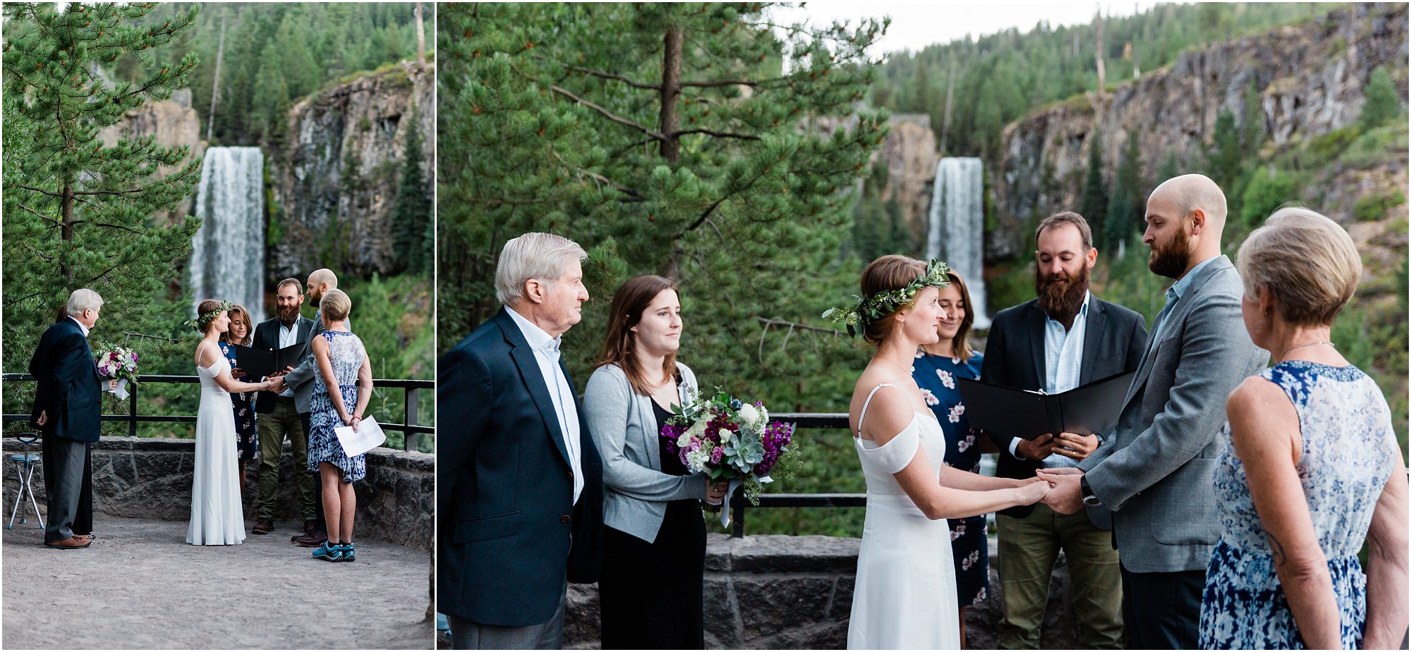 An intimate elopement ceremony with the bride and groom and family takes place at sunrise at the Tumalo Falls viewpoint in Bend, OR. | Erica Swantek Photography
