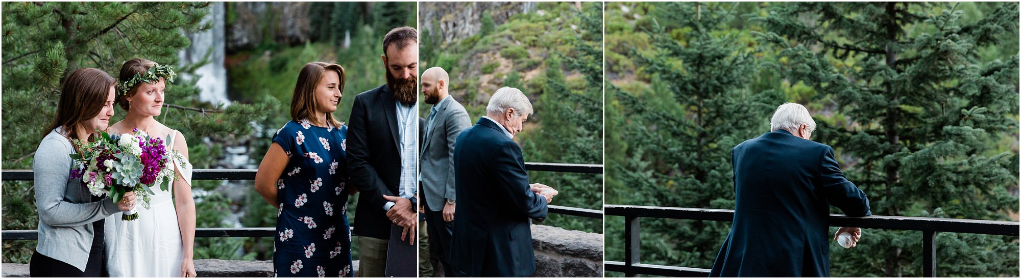 The bride's father spreads his wife's ashes during an intimate elopement micro wedding ceremony as the bride and her sister look on with tears in their eyes. | Bend Oregon elopement photographer Erica Swantek Photography.