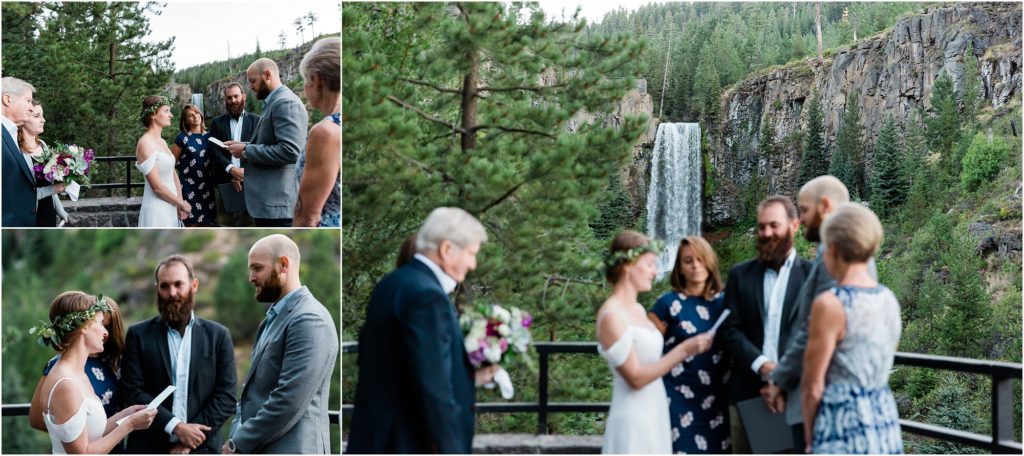 tumalo falls elopement ceremony in front of a waterfall