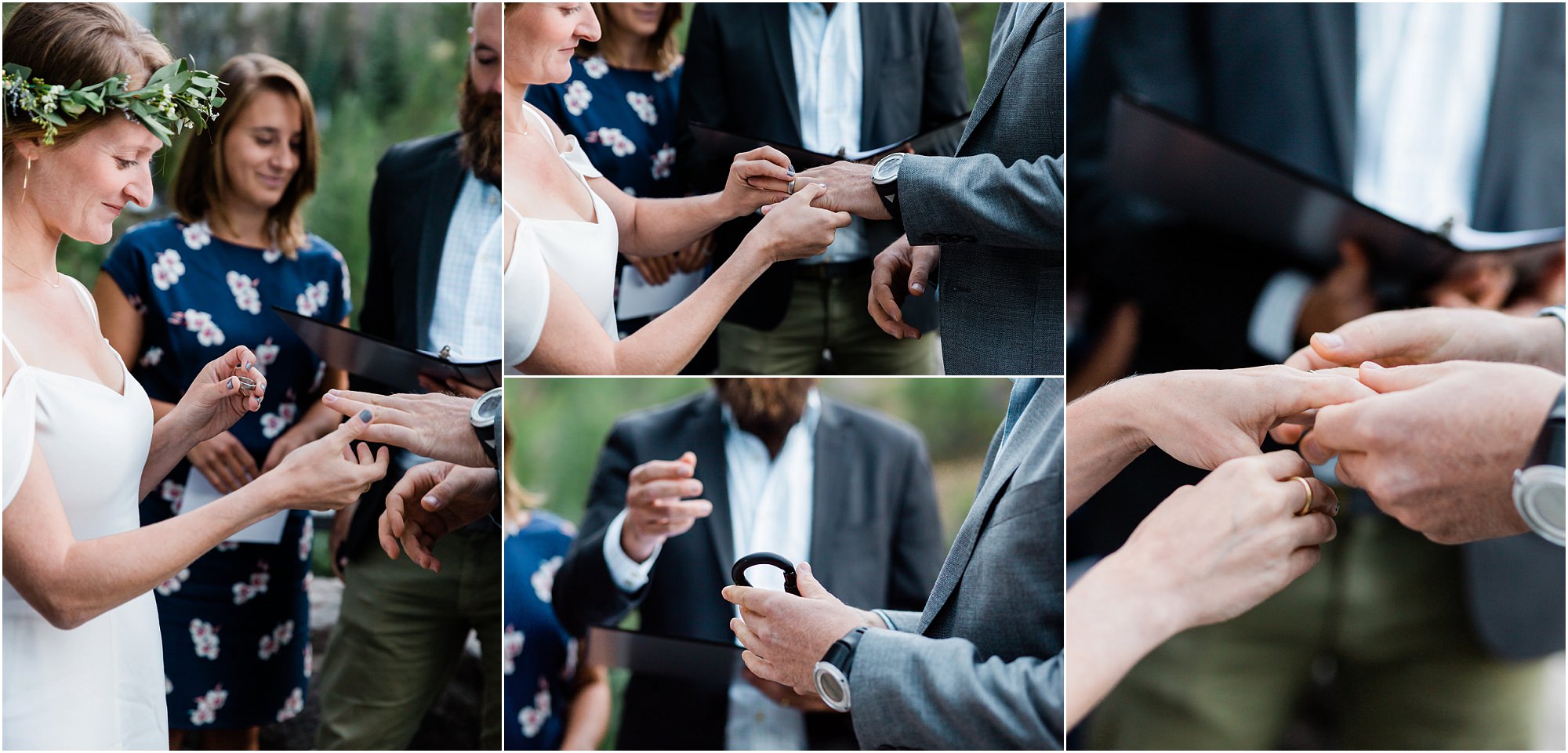 Wedding rings are delivered on a Metolius climber carabiner, perfect for this outdoorsy adventure elopement at Tumalo Falls in Bend, Oregon. | Erica Swantek Photography