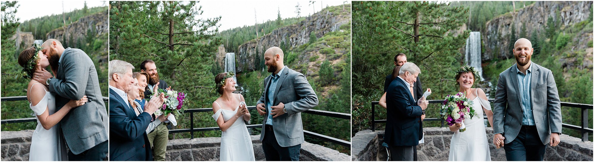 A couple kisses and celebrates by throwing their arms in the air, bouquet in hand after their intimate ceremony for their Tumalo Falls elopement in Oregon. | Erica Swantek Photography