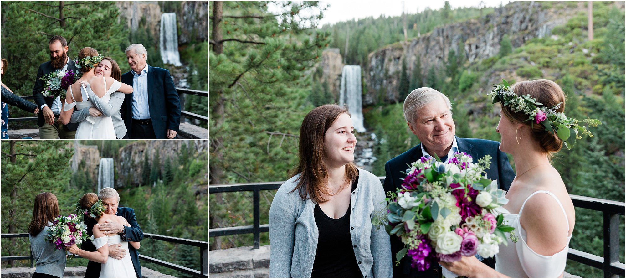 A bride hugs her sister and dad after her intimate elopement at the base of a waterfall in Oregon. | Erica Swantek Photography