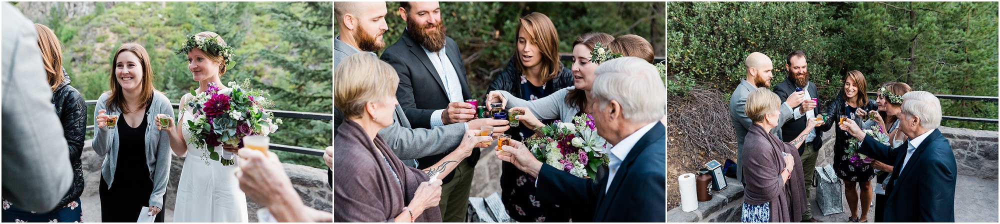 A small gathering of friends & family toasts the bride & groom with whiskey shots after a sunrise elopement in Bend, Oregon. | Erica Swantek Photography