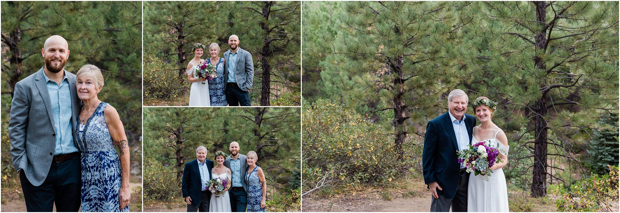 A groom and his mom and a bride and her dad pose for formal wedding portraits in the pine trees surrounding their Tumalo Falls elopement near Bend, OR. | Erica Swantek Photography