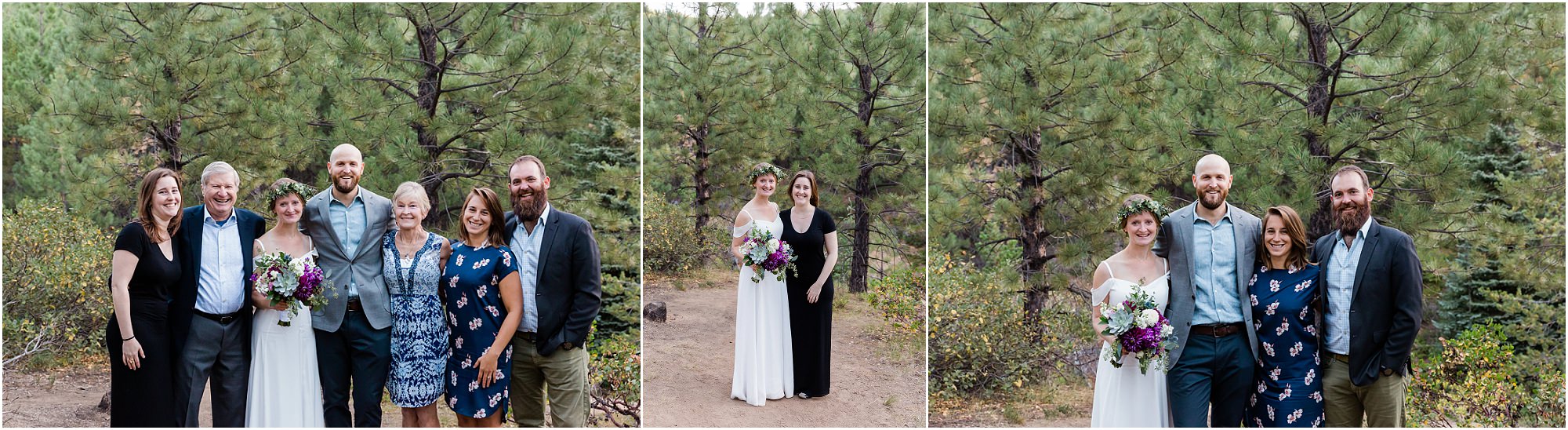 A bride and groom pose with their family & friends for formal portraits in the pine trees of Bend, Oregon. | Erica Swantek Photography
