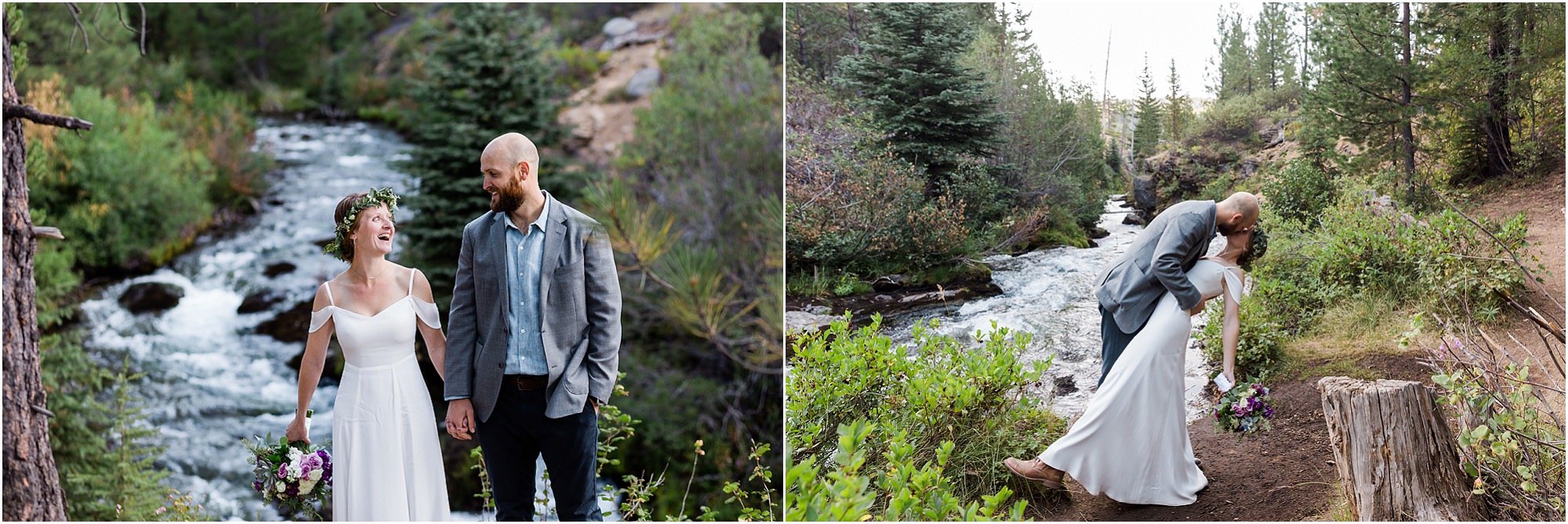The groom goes for a classic dip with his bride, her hiking boots peeping out from under her white Reformation wedding dress. | Bend Oregon elopement photographer Erica Swantek Photography