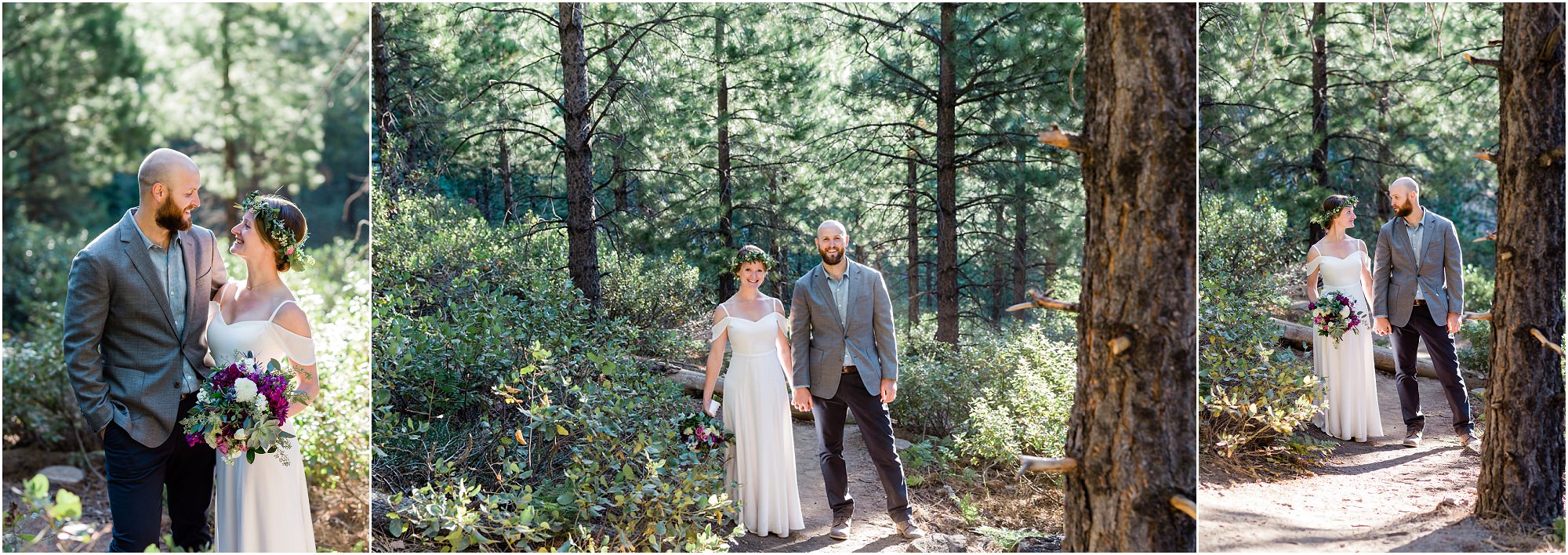 A couple that just eloped in Bend Oregon stands in the tall pine trees just after sunrise near Tumalo Falls. | Erica Swantek Photography