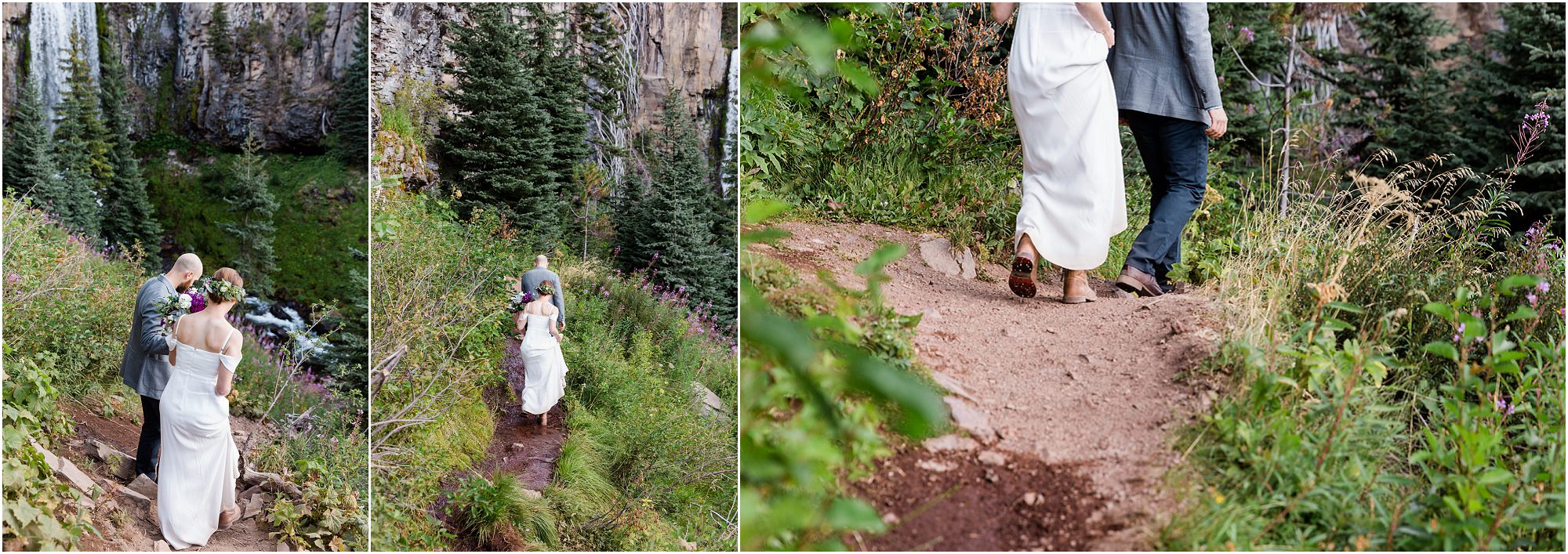 A couple hikes the narrow trail down the hillside towards Tumalo Falls in their wedding clothes. | Erica Swantek Photography