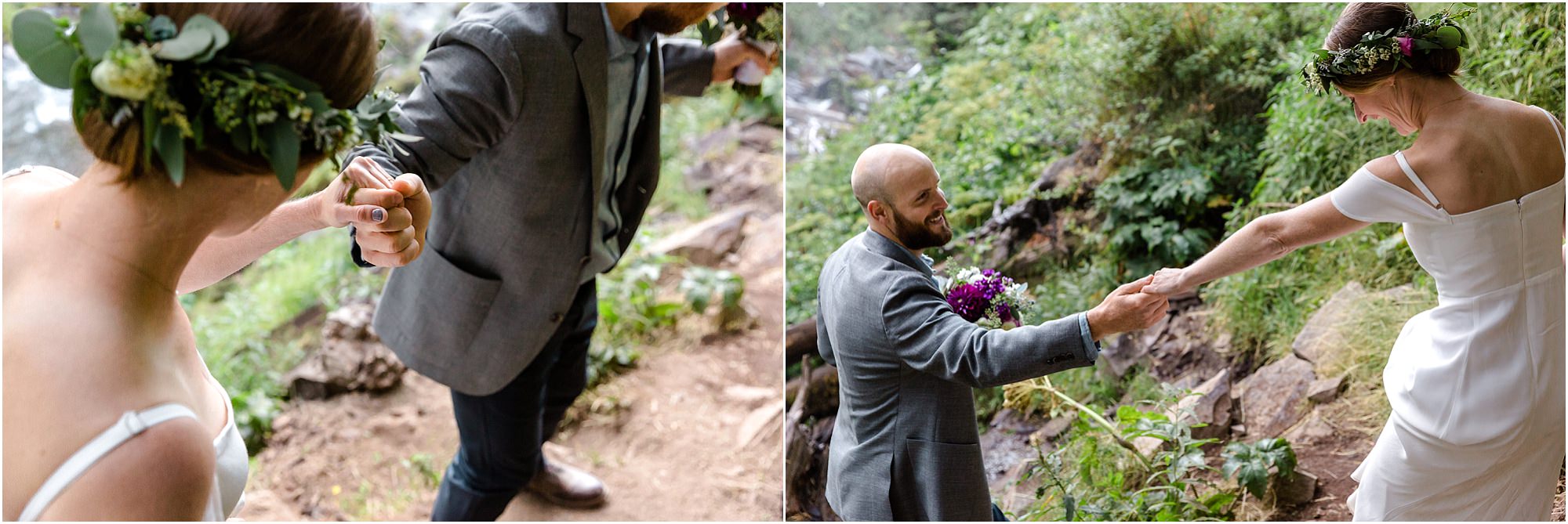 A groom carries the bride's bouquet as he takes her hand and leads her down a narrow, steep path at their Oregon waterfall elopement in Bend. | Erica Swantek Photography