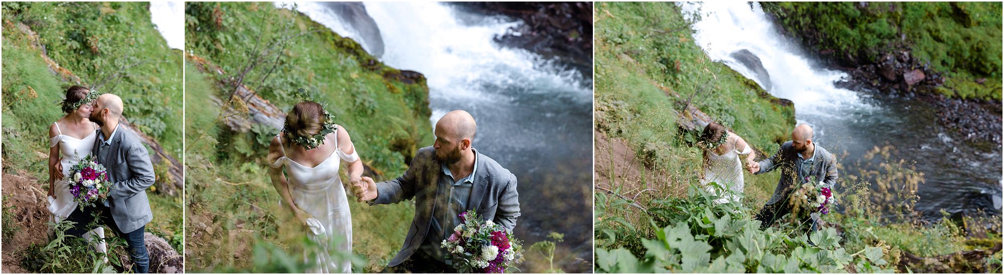 A bride and groom stand in the lush green vegetation at the base of a waterfall as Bend Oregon elopement photographer Erica Swantek Photography documents their day. 